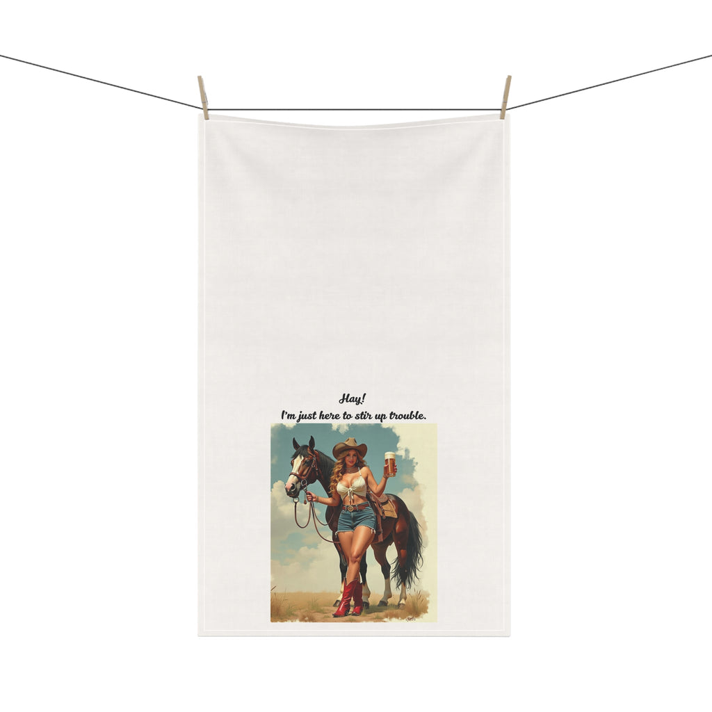 Cowgirl Tea/Bar Towels - "Hay! I'm just here to stir up trouble." Rustic Kitchen and Bar Decor, Western Home, Gift for Horse Lovers, Country Style, Cooking Essentials