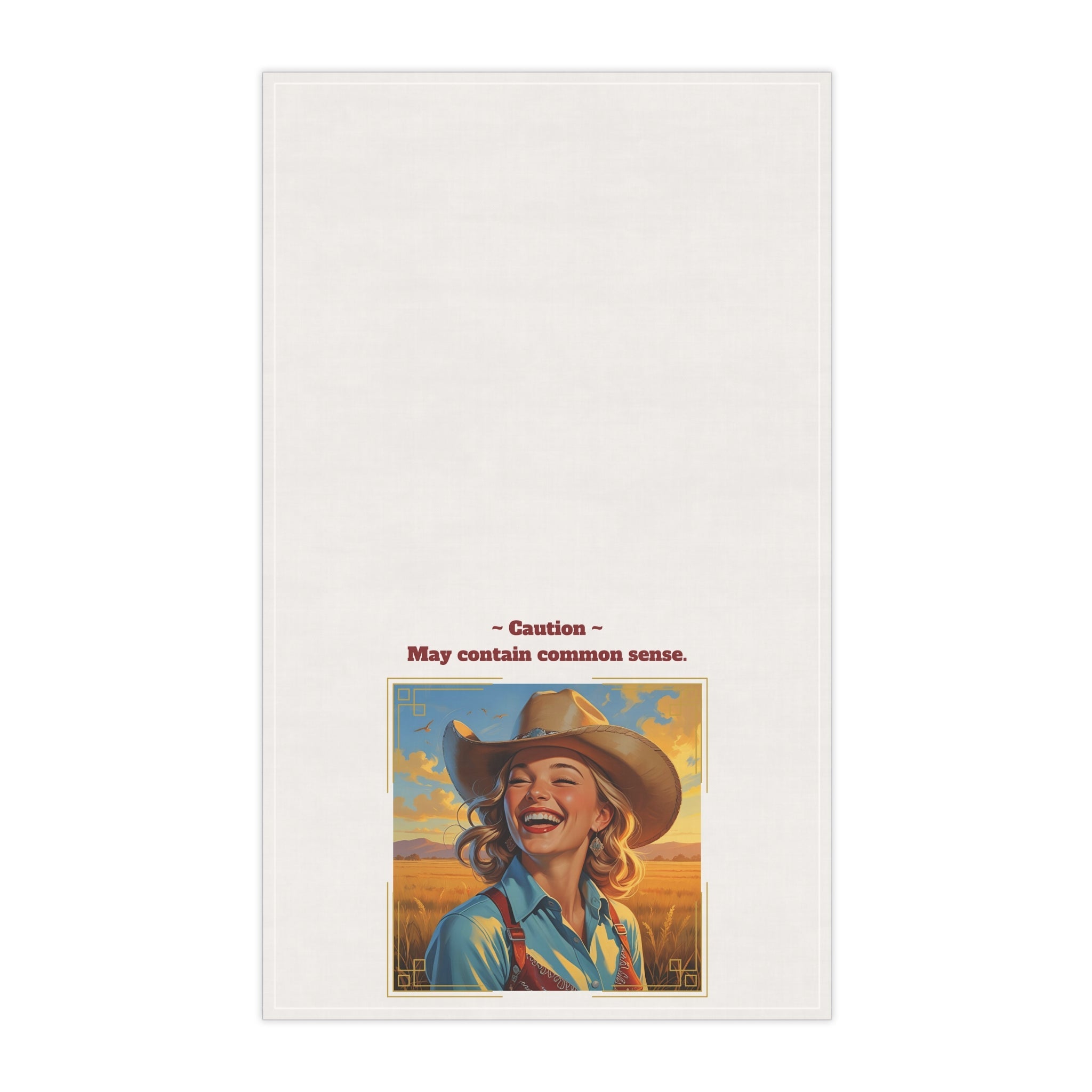 Funny Vintage-Inspired Cowgirl Tea Towel, "Caution: May Contain Common Sense" Rustic Kitchen and Bar Decor, Farmhouse Kitchen Accessories, Fun Gift for Home Cooks