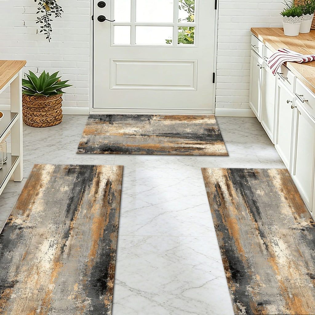 Three-piece kitchen rug set, non-slip and washable, abstract pattern kitchen hallway rug, soft and comfortable, suitable for sinks, floors, entrances, hallways and bathrooms.