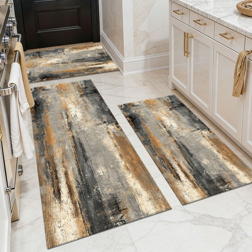 Three-piece kitchen rug set, non-slip and washable, abstract pattern kitchen hallway rug, soft and comfortable, suitable for sinks, floors, entrances, hallways and bathrooms.
